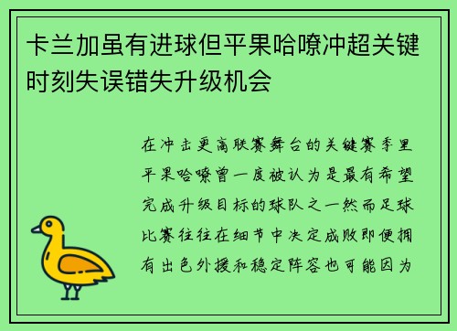 卡兰加虽有进球但平果哈嘹冲超关键时刻失误错失升级机会