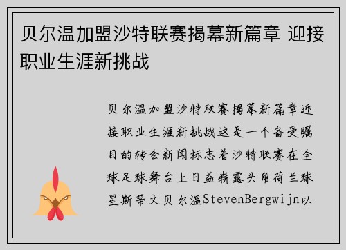 贝尔温加盟沙特联赛揭幕新篇章 迎接职业生涯新挑战