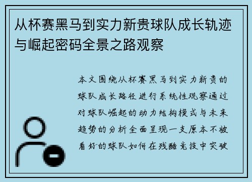从杯赛黑马到实力新贵球队成长轨迹与崛起密码全景之路观察